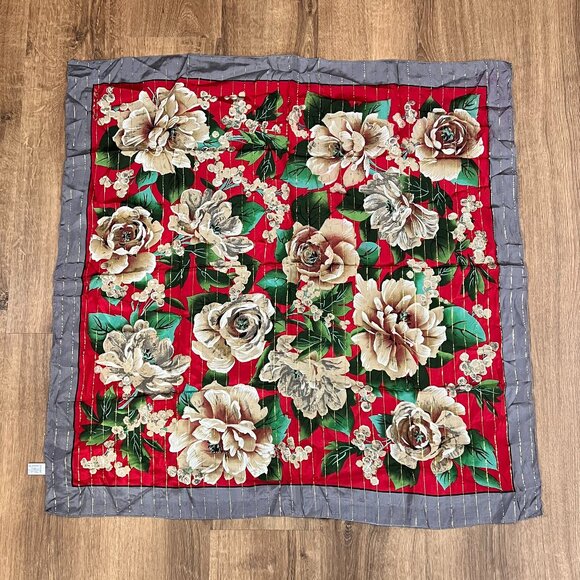 Oscar De La Renta Red Floral Silk Scarf Metallic Threading - Picture 2 of 11